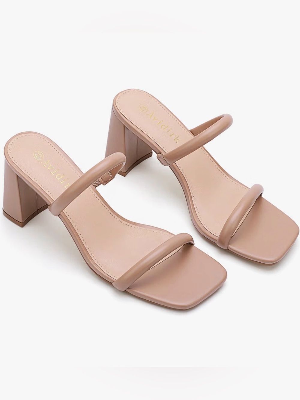Brand New! Minimalist Two-Strap Block Heel Mules in Blush Tan